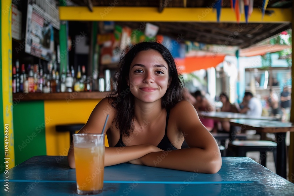 A young Brazilian woman relaxes at a plastic bar table, holding a glass of cocktail and watching life around her. laid-back environment, warm and cheerful, reflecting the culture and essence of Brazil A young Brazilian woman relaxes at a plastic bar table, holding a glass of cocktail and watching life around her. laid-back environment, warm and cheerful, reflecting the culture and essence of Brazil