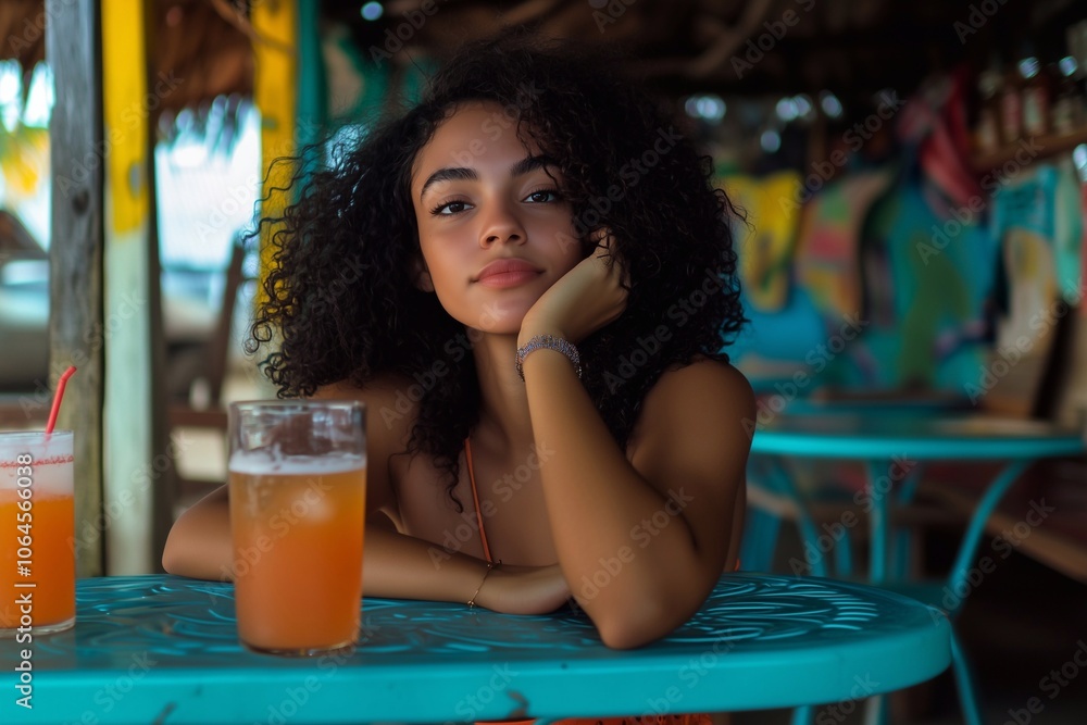 A young Brazilian woman relaxes at a plastic bar table, holding a glass of cocktail and watching life around her. laid-back environment, warm and cheerful, reflecting the culture and essence of Brazil