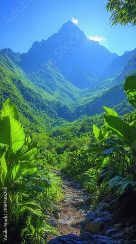 majestic mountain peaks tower into the clear blue sky bathed in sunlight conveying a sense of grandeur and adventure with lush greenery in the foreground inviting exploration