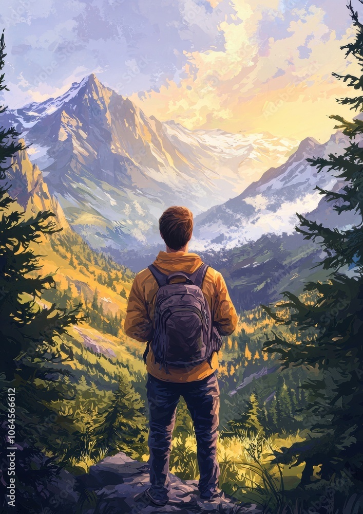 Naklejka premium A man is standing on a mountain top with a backpack on