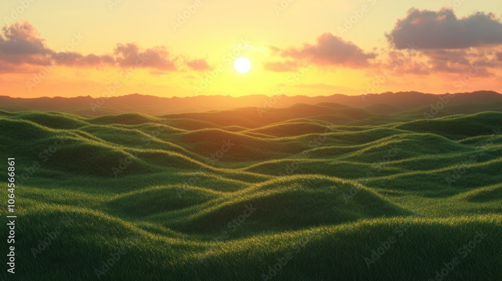 Sunset over green grassy hills, casting a golden glow over the serene landscape Sunset over green grassy hills, casting a golden glow over the serene landscape