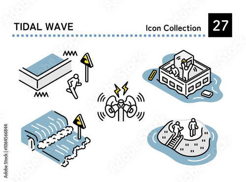 Illustration set of people evacuating from a tsunami