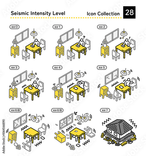 Illustration set of earthquake intensity 0 to 7