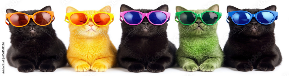 Five Cats Wearing Colorful Sunglasses Against White Background, High-Resolution Photography, Capturing Fun and Stylish Pet Fashion in High-Quality Image Five Cats Wearing Colorful Sunglasses Against White Background, High-Resolution Photography, Capturing Fun and Stylish Pet Fashion in High-Quality Image