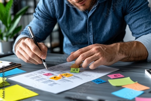 Bank officer reviewing a document with different debtor categories listed for a client meeting, representing the preparation and organization in financial consulting