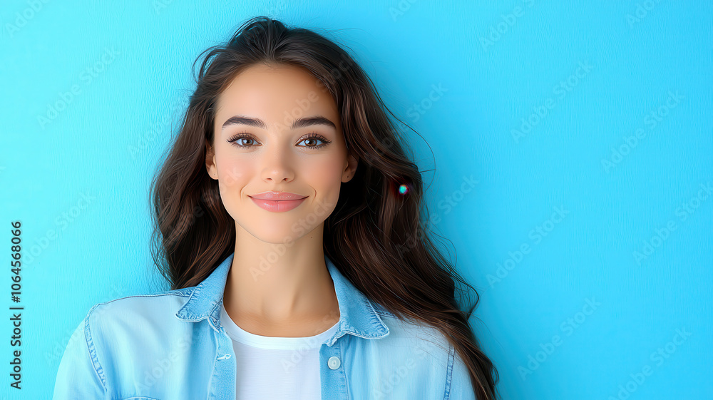 Smiling woman with long hair against blue background, radiating positivity Smiling woman with long hair against blue background, radiating positivity