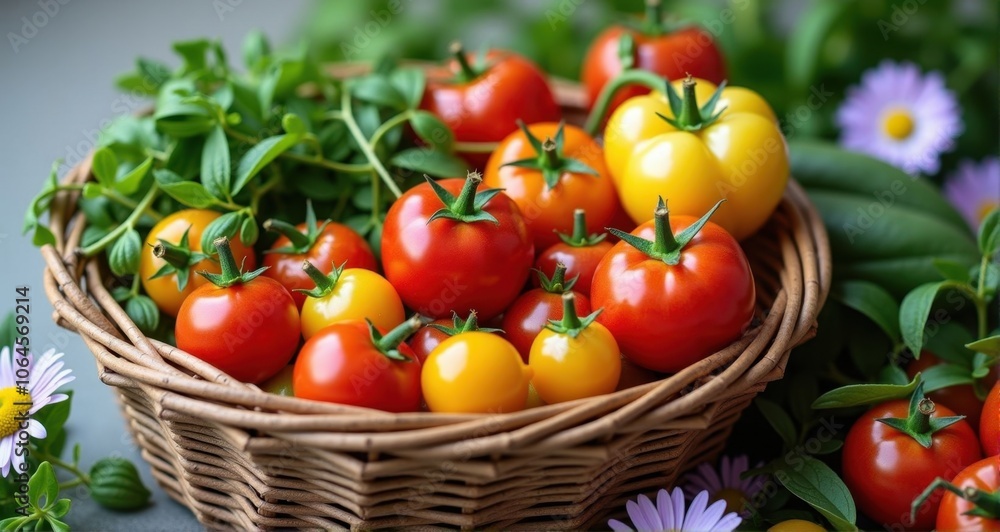Vibrant tomatoes and herbs in a basket Vibrant tomatoes and herbs in a basket