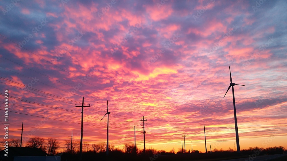 Wind Turbines Silhouetted Against a Vibrant Sunset Sky Wind Turbines Silhouetted Against a Vibrant Sunset Sky