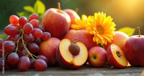 Fresh fruits with vibrant flowers arranged