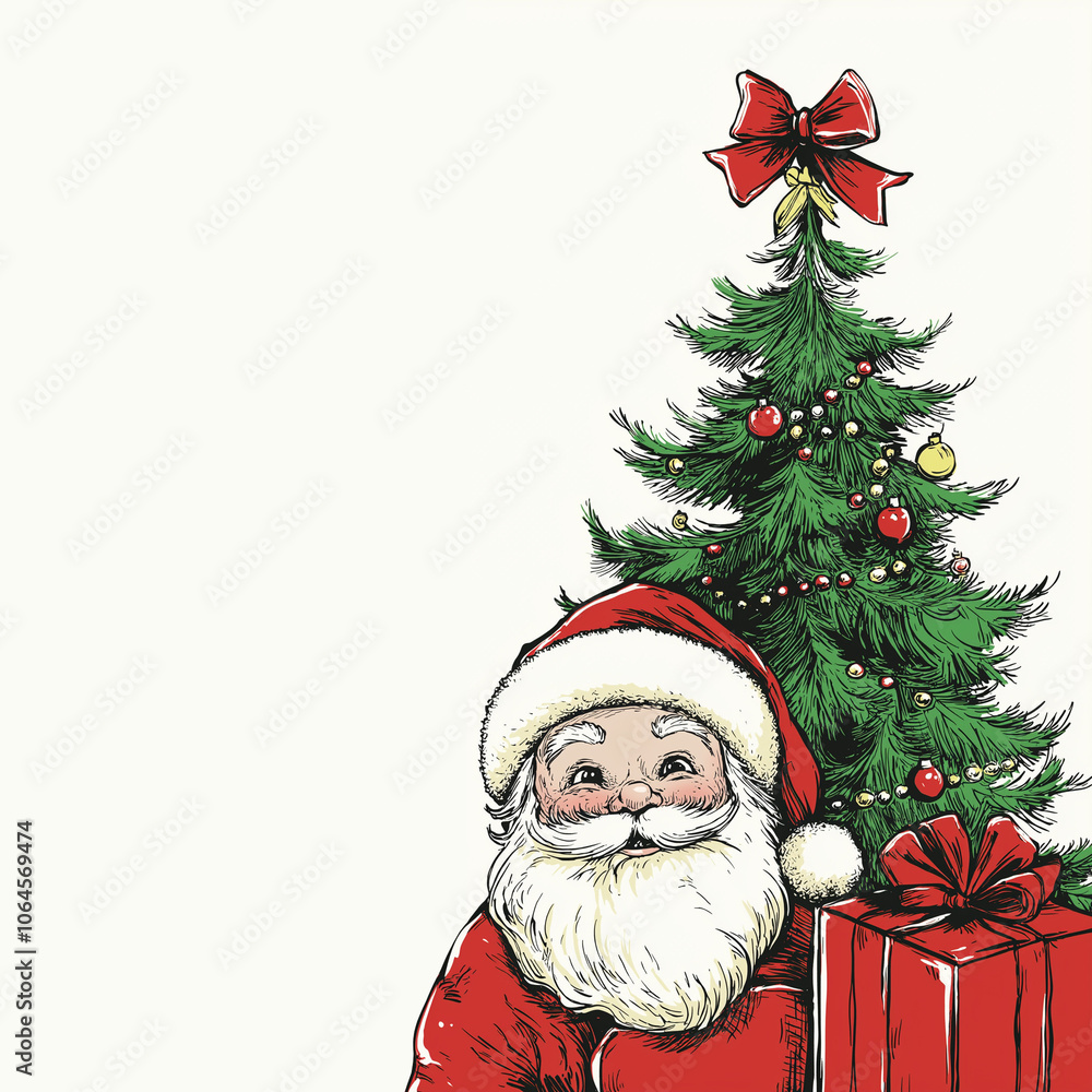 A Retro-Style Card Design with Santa Peeking from the Corner, Alongside a Decorated Tree and Colorful Gift Boxes in a Perfect Holiday Composition A Retro-Style Card Design with Santa Peeking from the Corner, Alongside a Decorated Tree and Colorful Gift Boxes in a Perfect Holiday Composition