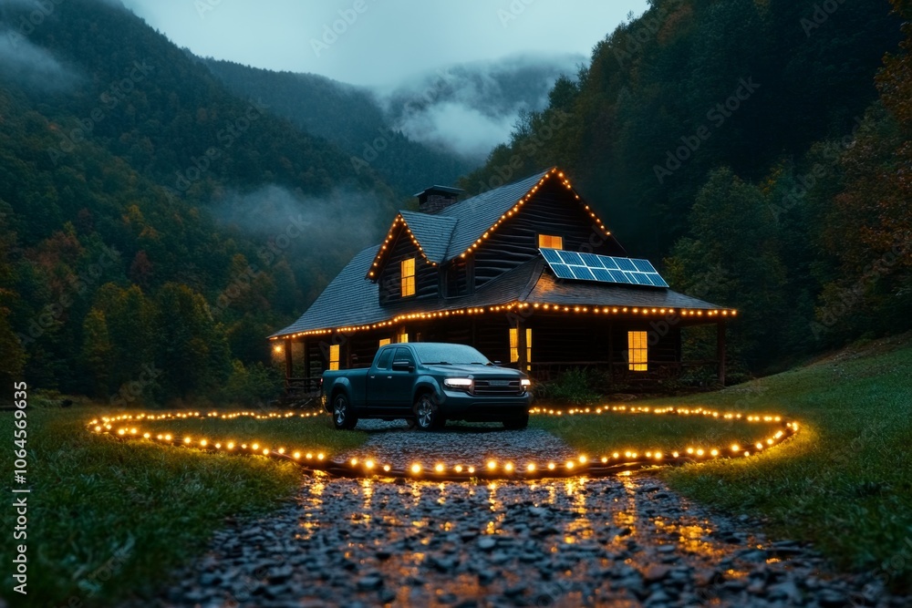 Obraz premium Dark, moody scene of a rustic farmhouse lit by solar-powered lights, symbolizing hope and resilience in rural energy solutions