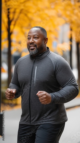 A fat black man working out, a fit jogger strolling through a metropolitan park.