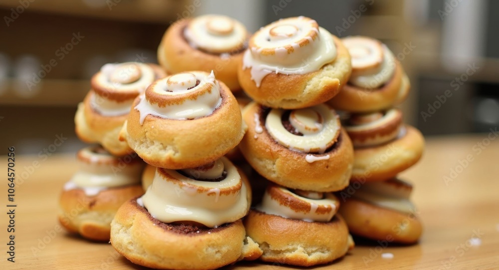 Delicious mini cinnamon rolls stacked high. Delicious mini cinnamon rolls stacked high.