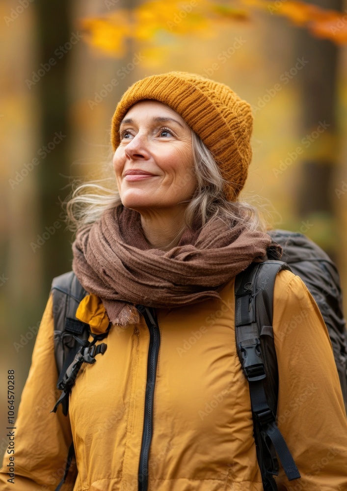 A woman wearing a yellow hat and a scarf is smiling and looking up at the sky A woman wearing a yellow hat and a scarf is smiling and looking up at the sky