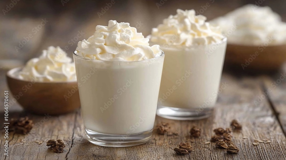 Two glasses of white creamy drink with whipped cream on top, next to a bowl of whipped cream and some brown crumbs on a wooden table. Two glasses of white creamy drink with whipped cream on top, next to a bowl of whipped cream and some brown crumbs on a wooden table.