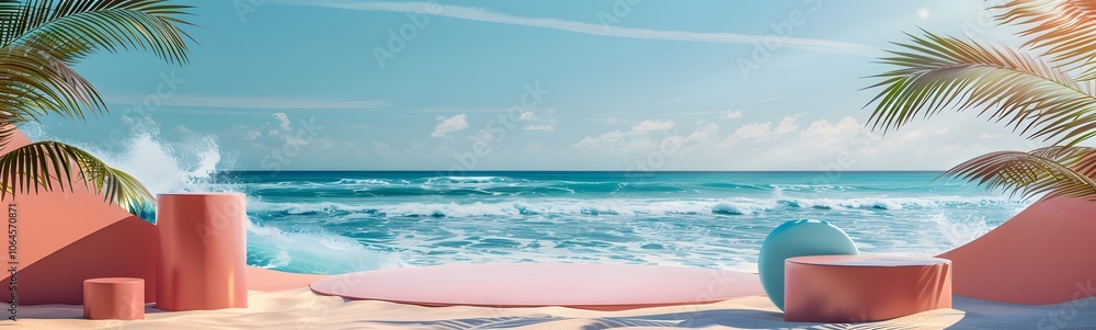 Obraz premium 3d podium on yellow color and tropical beach with blue sky white clouds and palm leaves abstract background. Copy space of product presentation and summer nature concept