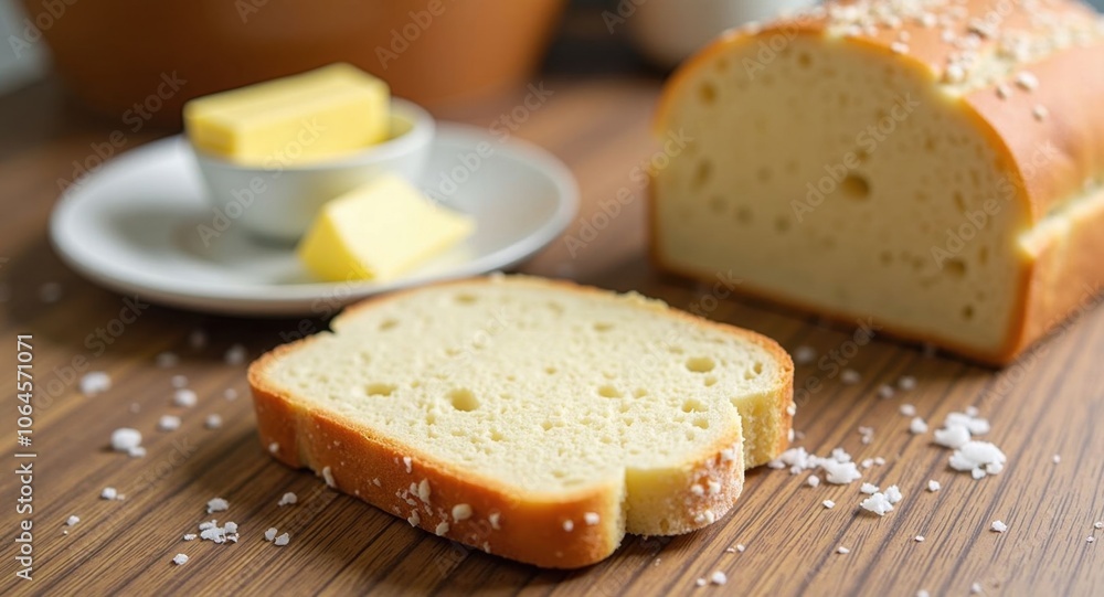 Freshly sliced bread with butter and salt Freshly sliced bread with butter and salt