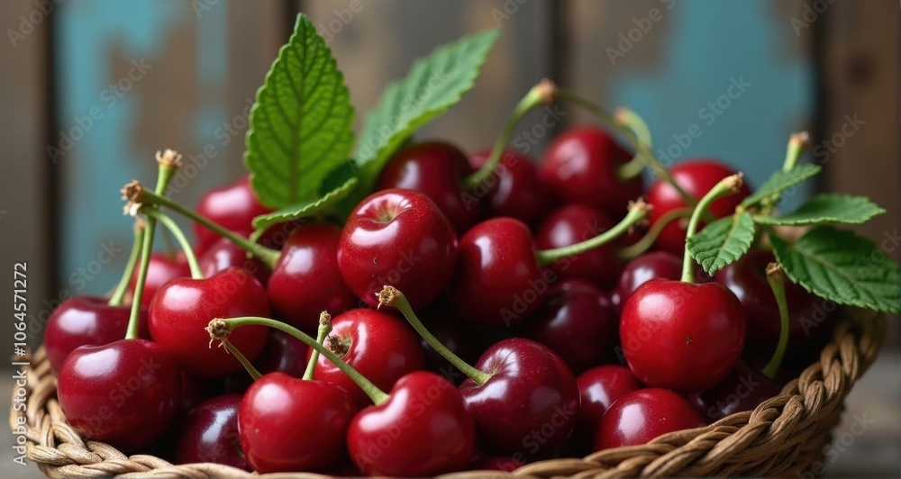 Fresh red cherries in a woven basket Fresh red cherries in a woven basket