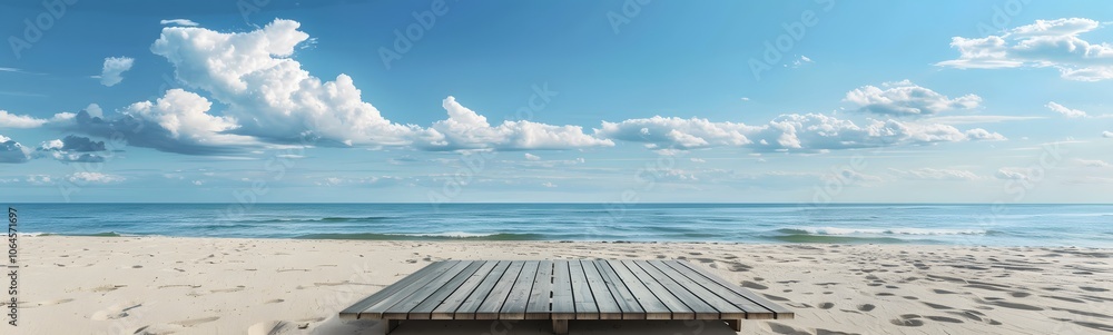 3d podium on yellow color and tropical beach with blue sky white clouds and palm leaves abstract background. Copy space of product presentation and summer nature concept 3d podium on yellow color and tropical beach with blue sky white clouds and palm leaves abstract background. Copy space of product presentation and summer nature concept