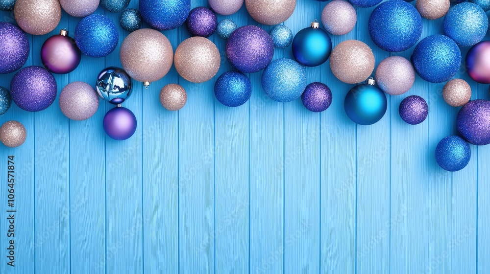 Festive Holiday Ornaments in Shades of Blue and Purple on a Wooden Background Festive Holiday Ornaments in Shades of Blue and Purple on a Wooden Background