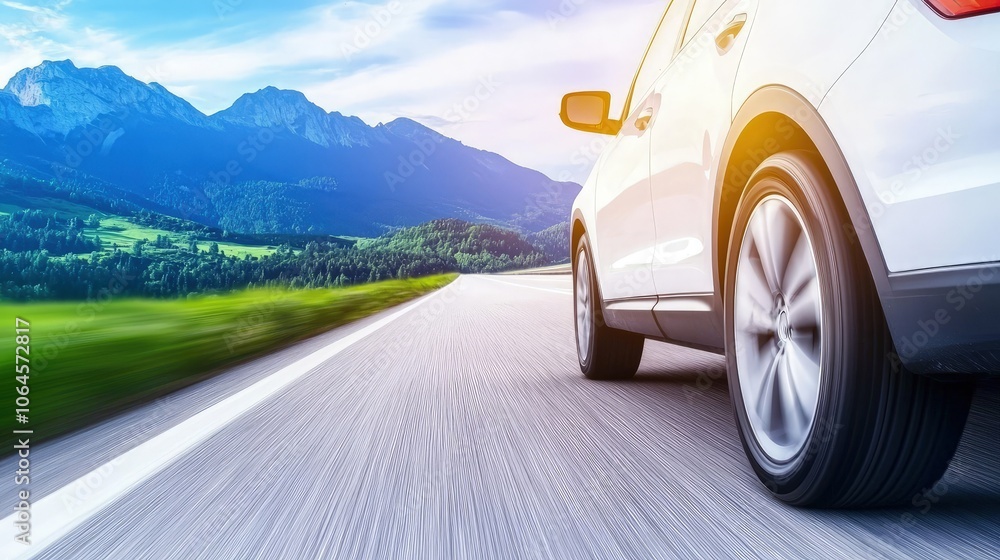 Fototapeta premium Scenic Drive Through Majestic Mountains with a Modern Car