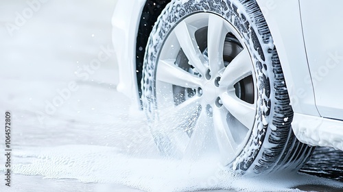 Sparkling Clean Car Wheel with Soap and Water Spray