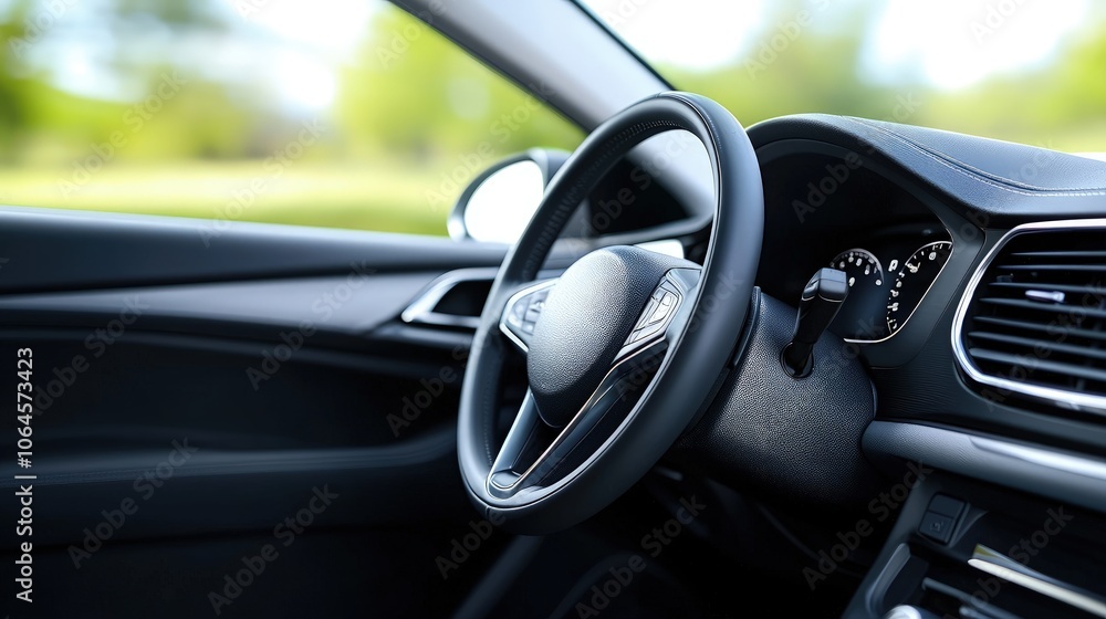 Interior View of a Modern Car with Steering Wheel Focus Interior View of a Modern Car with Steering Wheel Focus