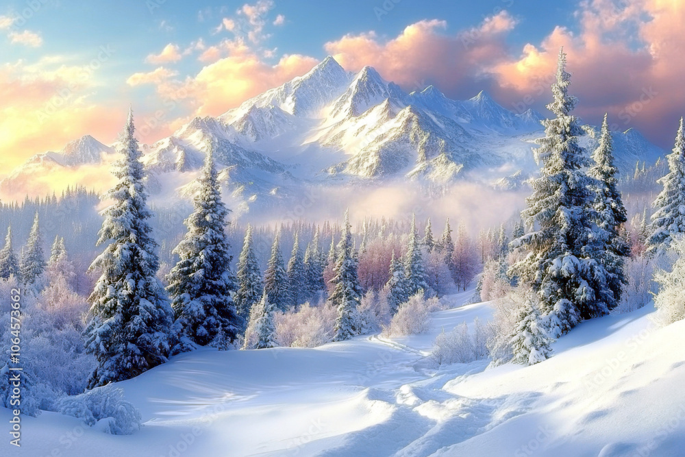 Snow-covered mountain range with evergreen trees under a colorful sky at sunset Snow-covered mountain range with evergreen trees under a colorful sky at sunset