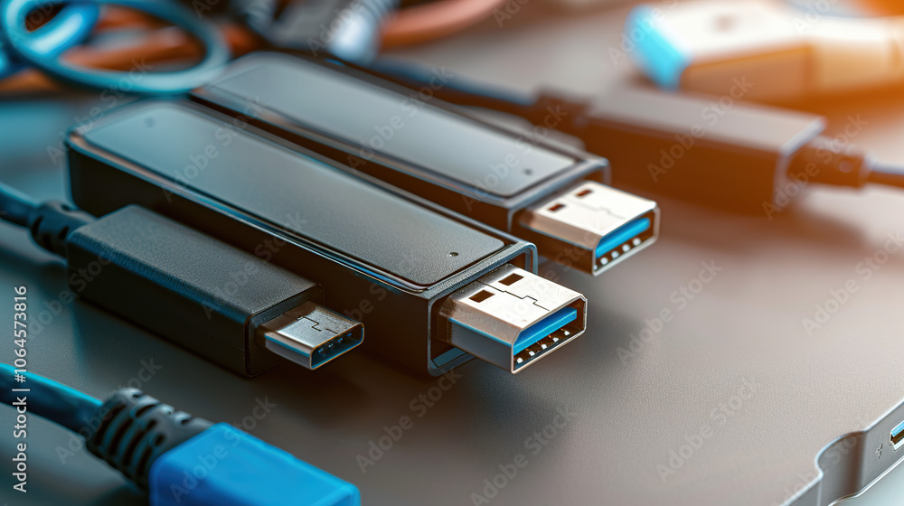 Sleek USB Hub with Multiple Ports Connecting Various Devices in Modern Technology Setup, Highlighting Connectivity and Functionality Against Blurred Electronic Gadgets Background Sleek USB Hub with Multiple Ports Connecting Various Devices in Modern Technology Setup, Highlighting Connectivity and Functionality Against Blurred Electronic Gadgets Background