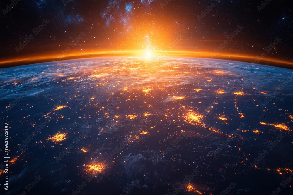 This captivating view captures a satellite orbiting Earth, revealing a breathtaking sunrise that highlights city lights against the vast galaxy This captivating view captures a satellite orbiting Earth, revealing a breathtaking sunrise that highlights city lights against the vast galaxy