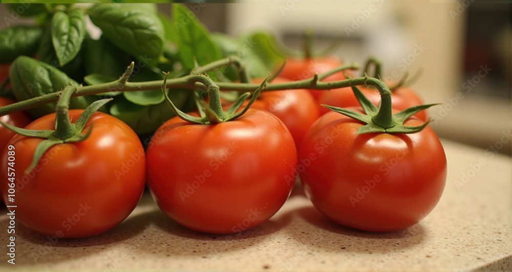 Fresh red tomatoes with green basil leaves Fresh red tomatoes with green basil leaves