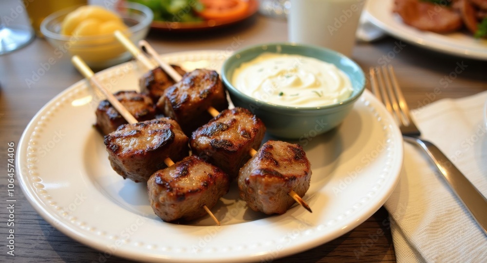 Delicious grilled meat skewers with dip Delicious grilled meat skewers with dip