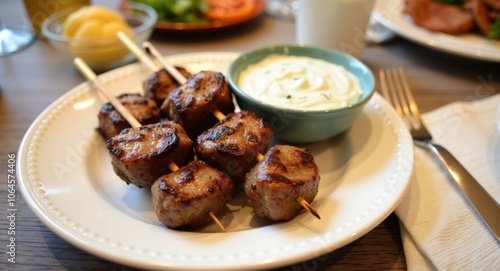 Delicious grilled meat skewers with dip