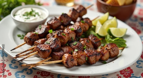 Grilled meat skewers with herbs and lime