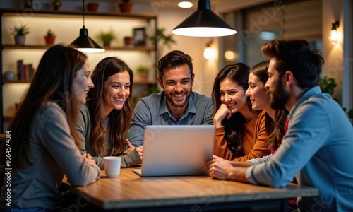 A group of young professionals sharing a lighthearted moment while gathered around a laptop in a cozy, modern office space with warm lighting and plant decorations