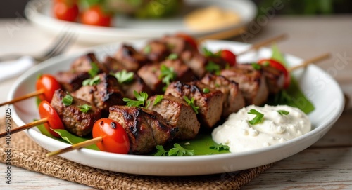 Delicious beef kebabs with fresh vegetables