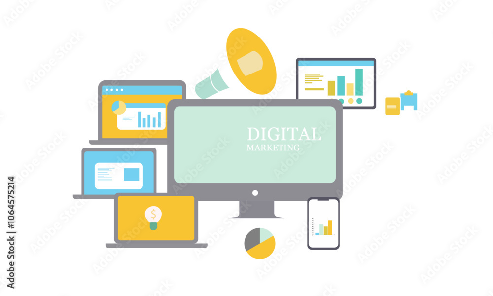 An illustration depicting various digital marketing tools and devices, including a desktop computer, laptop, tablet, and smartphone. An illustration depicting various digital marketing tools and devices, including a desktop computer, laptop, tablet, and smartphone.