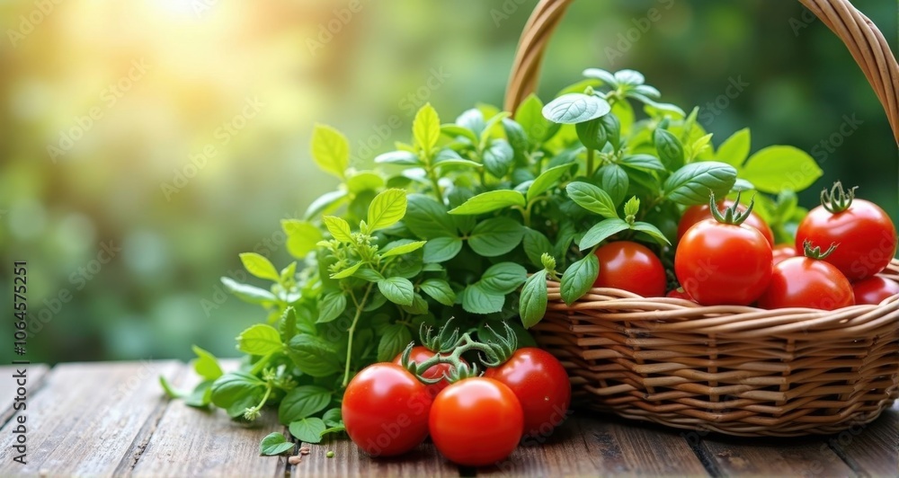 Fresh tomatoes and basil in a basket Fresh tomatoes and basil in a basket