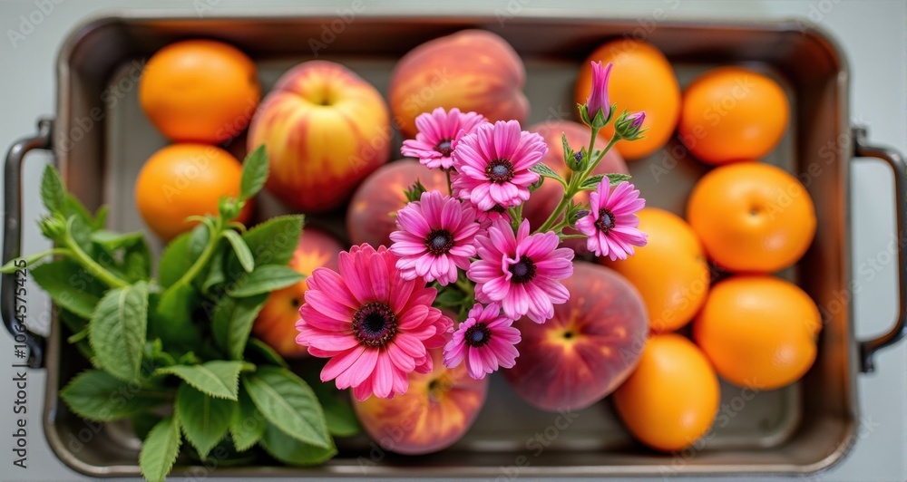 Colorful fruits and flowers arrangement Colorful fruits and flowers arrangement