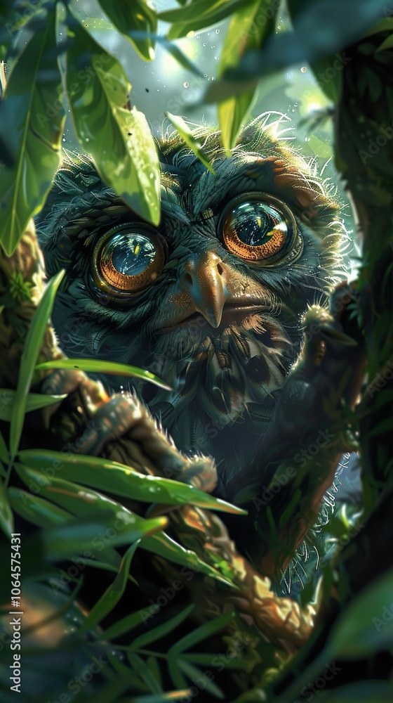 Curious Owl Peeking Through Leaves in the Jungle Curious Owl Peeking Through Leaves in the Jungle