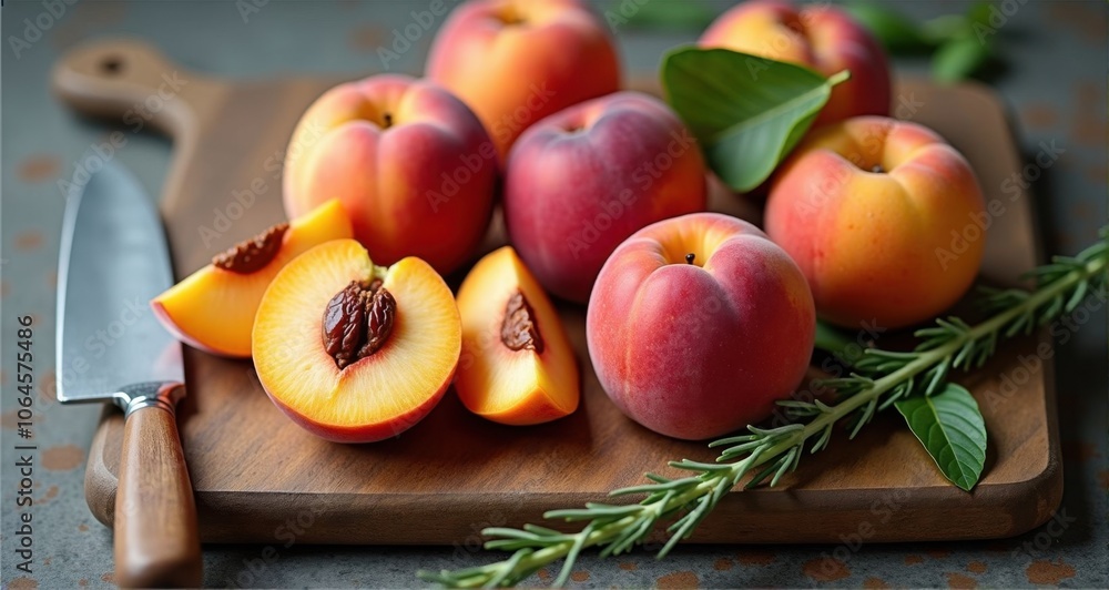Fresh peaches arranged on a wooden board. Fresh peaches arranged on a wooden board.