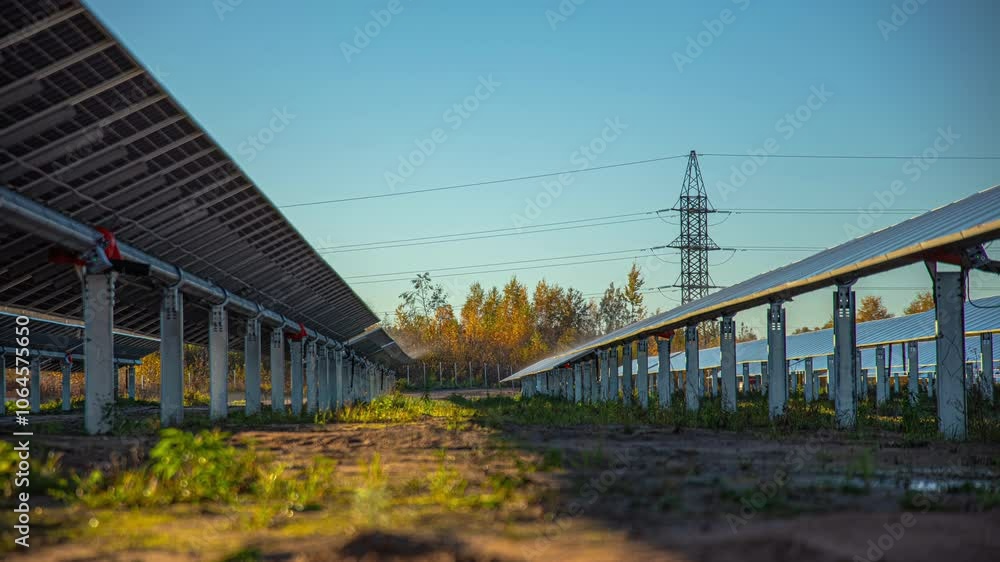 Ground-mounted Solar Panels In The Early Morning. - Timelapse shot Ground-mounted Solar Panels In The Early Morning. - Timelapse shot