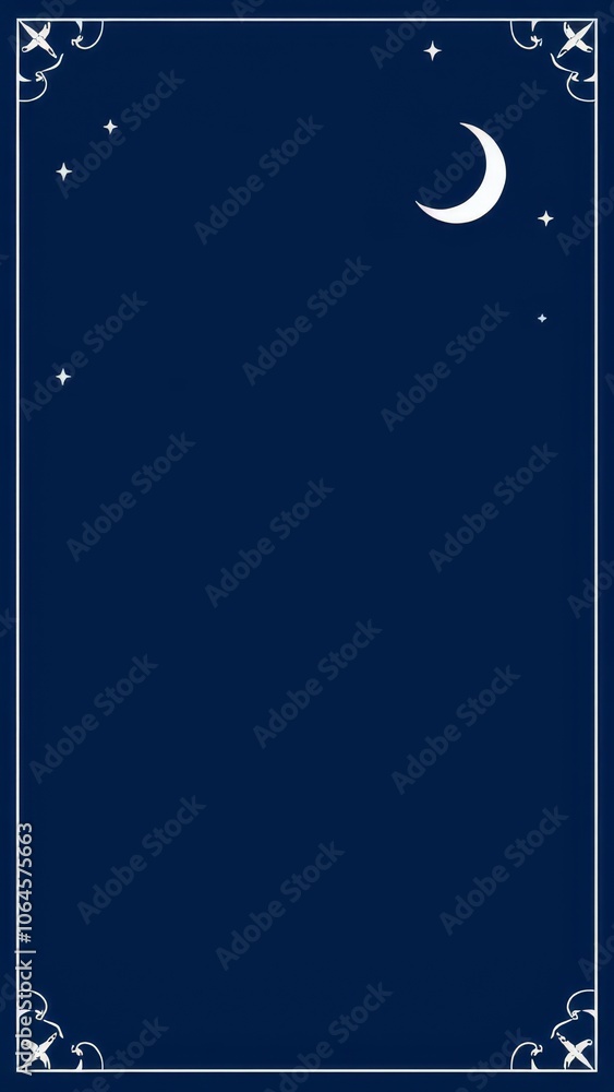 Navy background with crescent moon and stars, framed with elegant corners for a mystical touch Navy background with crescent moon and stars, framed with elegant corners for a mystical touch