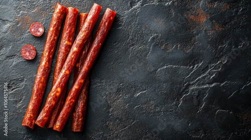 Close-up of thin, red, dry cured sausages on a dark textured background.