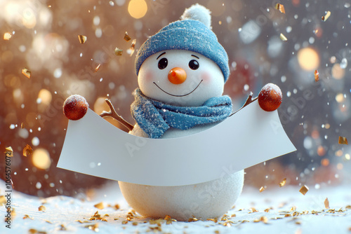 A cheerful snowman with a blue scarf holding a blank sign in a festive winter scene photo