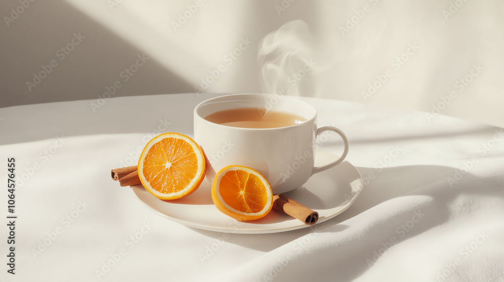 Bright citrus tea with orange in white setting Bright citrus tea with orange in white setting