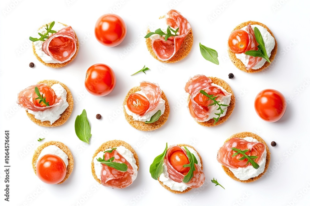 Delicious canapes with jamon, cream cheese and cherry tomatoes isolated on white, top view Delicious canapes with jamon, cream cheese and cherry tomatoes isolated on white, top view