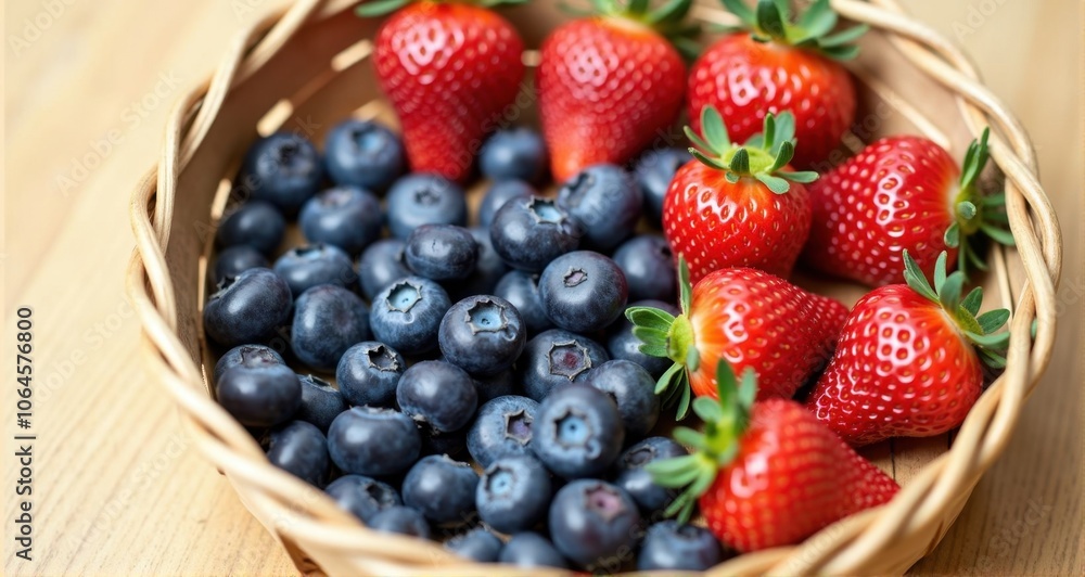 Fresh strawberries and blueberries in a basket Fresh strawberries and blueberries in a basket