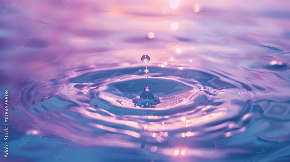 Freshwater droplet on the water surface surrounded by a wave against a medium purple backdrop