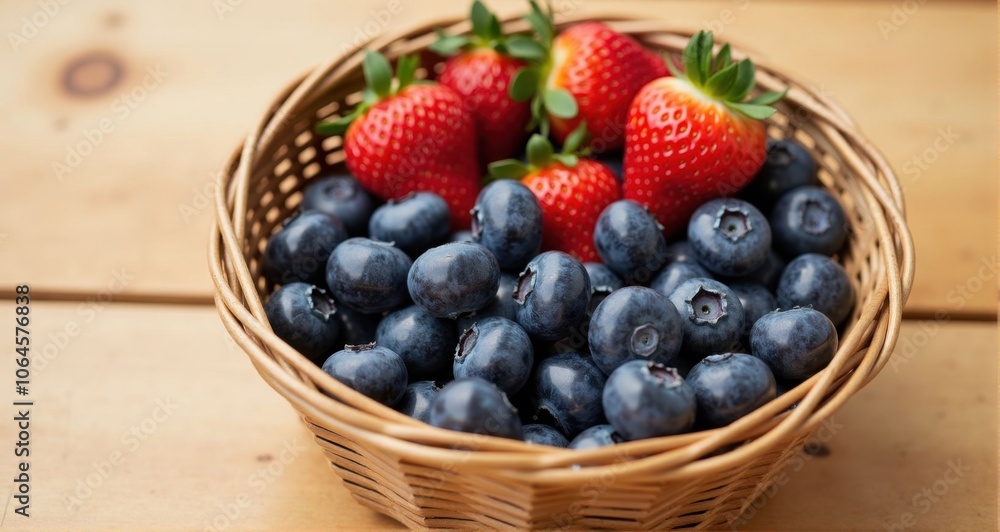 Fresh strawberries and blueberries in a basket. Fresh strawberries and blueberries in a basket.